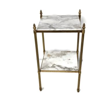 two tier etagere side table hollywood regency brass marble tops vintage pedestal