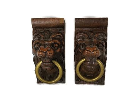 Antique Pair Corbels Hand Carved Wood Architectural reclaimed LIon Heads Trims rings