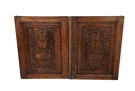 pair Antique Door Panels carved wood  flowers baskets architectural reclaimed salvaged
