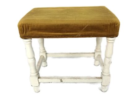 small vintage footstool foot rest ottoman wood brown fabric barn style 