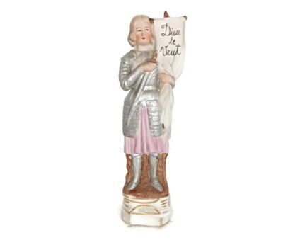Antique French  Figurine, Joan Of Arc Porcelain Figurine, Jeanne D'Arc  Dieu le veut banner