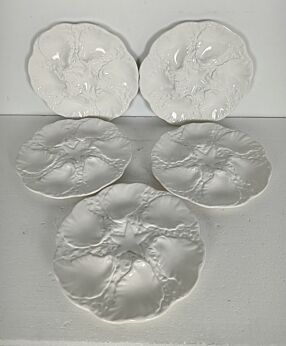 Set of 5 Oyster Plates Porcelain Faience  Seafood Crab vintage white 