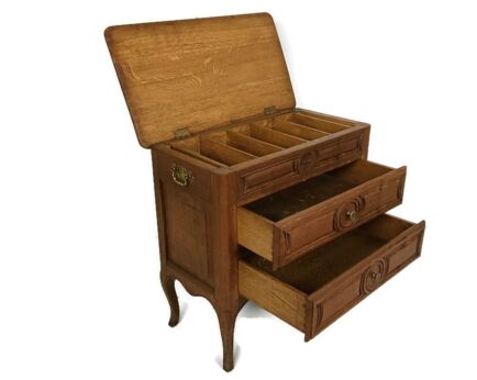 Vintage French Beautiful Small Wooden Side Table Nightstand Chest Of Drawers Hinged Top Lift Out Tray Carry Handles Two Drawers