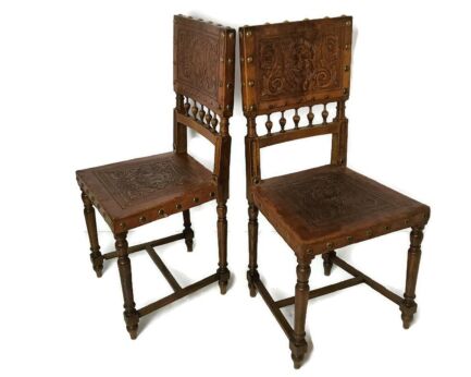 set of 2 Antique  Gothic 1900s Chairs  Ornate  Wood Renaissance  Dragons Leather lovely 