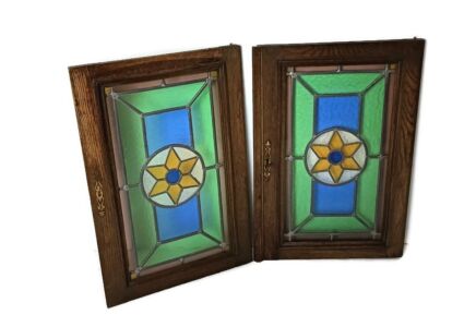 Pair Antique Leaded Glass hand Carved Wooden Door Panels Reclaimed Architectural gorgeous