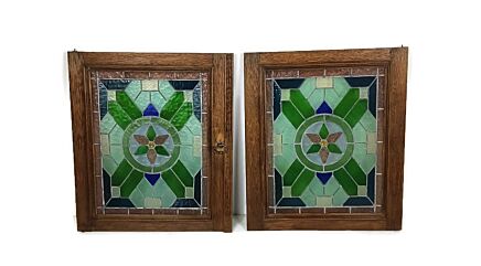 Pair Antique Leaded Glass hand Carved Wooden Door Panels Reclaimed Architectural stunning