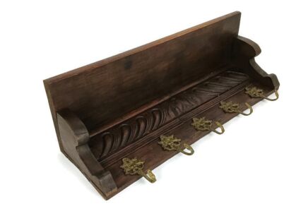 Beautiful antique small ornate hand carved wooden coat hat rack wall hanging 