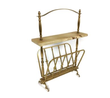Hollywood regency Style Newspaper Magazine Rack Brass Marble top Ornate vintage