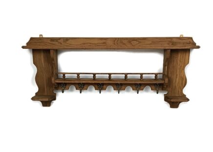 Gorgeous antique large coat hat rack Flanders carved wood spindles farmhouse style
