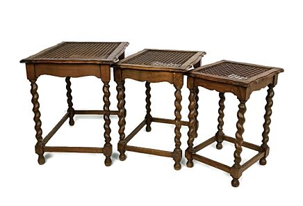 Set of 3 Barley Twist Wooden Nesting Stacking Side Tables Rush tops Barn Country Style 