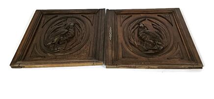 Pair Antique Hand Carved Oak Pheasants Door Panels Reclaimed Architectural salvaged