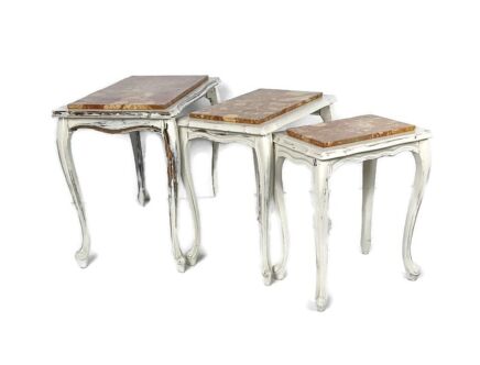 Set of 3 Wood Stacking Nesting Tables Louis XV style Vintage Wood marble tops barn 