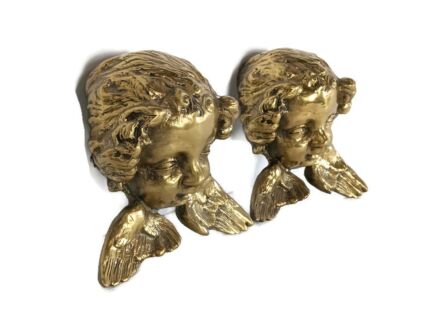 two large angel heads heavy ornate brass wall hanging modernist vintage gorgeous
