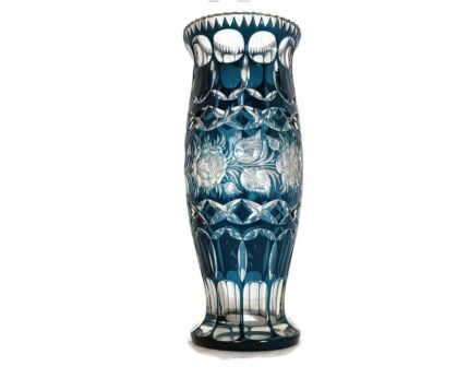 Gorgeous blue green vase vintage cut to clear glass etched roses 