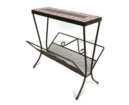  wrought iron Mid Century Magazine Rack Newspaper Basket Side Table Mosaic Tiles pink shades vtg