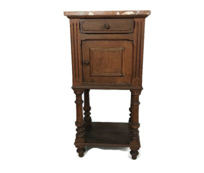 antique art deco Nightstand carved wood  two tier end table bedroom cabinet marble top