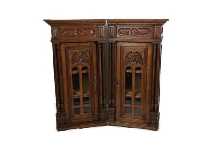 pair Stunning Antique Corner Cabinets Hand Carved Wood right  left corner with spindles