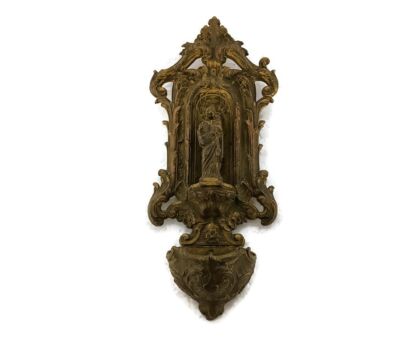 Holy Water Font Saint with Infant Jesus   Spelter antique art deco wall hanging