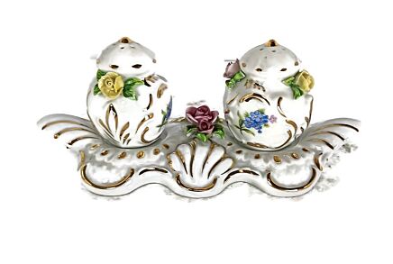 Salt and pepper shakers on base porcelain Dresden Germany vintage lovely 3dflowers