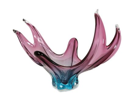 Blue  Cranberry Murano Italian art glass centerpiece dish Bowl Mid Century Vintage