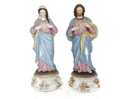 vintage statues couple Porcelain polychrome Jesus Christ Virgin Mary Madonna Holy Hearts 