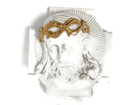 Wall Plaque Tile Porcelain white  Bisque Jesus Christ Head of Thorns  gold touches 
