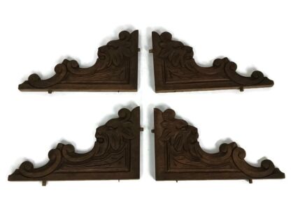 set of 4 French Corbels Hand Carved Wood Pediment Ornate Finial Architectural Finials Brackets Antique