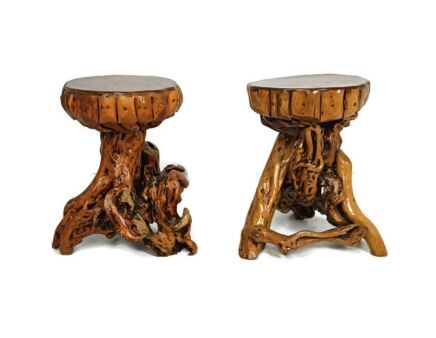 pair of rustic carved wooden stools pedestals plant stands side tables vintage WOW