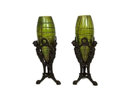 pair Art Nouveau Iridescent art glass vases with Spelter base Palme Koenig Design 