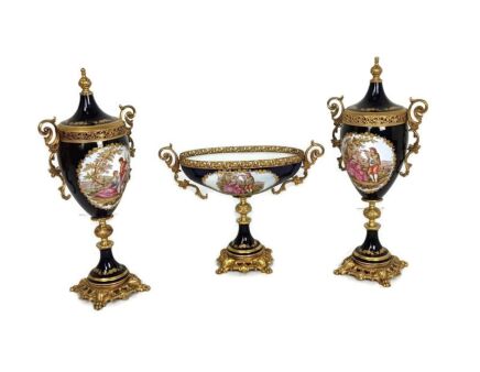 set of 3 garniture porcelain brass mantlepiece vases urns Marked Sèvres France antique gorgeous