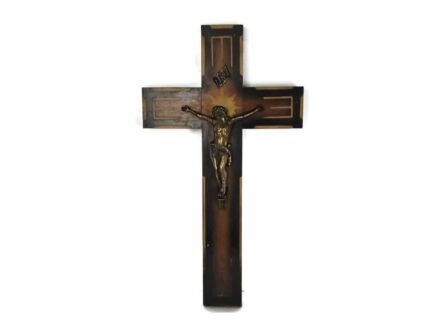 antique Hanging Crucifix cross wood brass Corpus Christi art deco