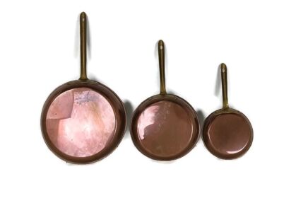 set of 3 Vintage French Copper Saute Steel Pans Saucepans Hammered Finish