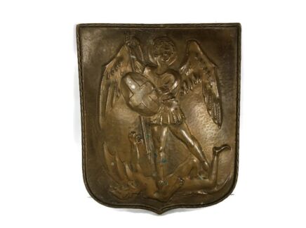 Hammered Copper Plaque Shield Archangel Michael slaying the Dragon Devil antique 