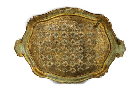Mid Century Italian Hollywood Regency Florentine Serving Tray wood green shades gold  