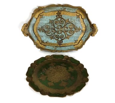 set of 2 Mid Century Italy Hollywood Regency Florentine Serving Trays Small resin 