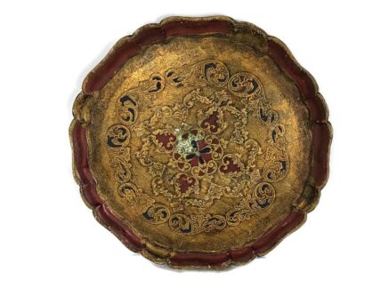 Large florentine wooden round red shades gold gilded serving tray dish vintage