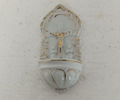 lovely small antique holy water font vessel porcelain bisque Crucifixion wall hanging