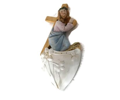 beautiful antique porcelain holy water font porcelain Jesus Carrying the Cross polychrome