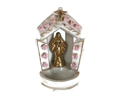 beautiful antique standing porcelain holy water font porcelain Madonna Pink Flowers lovely