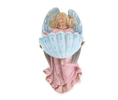 Holy water font vessel porcelain Antique neo gothic angel pastel pink blue wall hanging