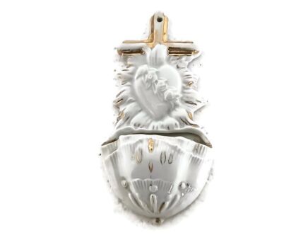 lovely small antique holy water font vessel porcelain bisque Holy heart Crucifix wall hanging