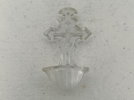 lovely vintage  antique holy water font vessel art glass Crucifixion wall hanging