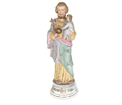 Antique Porcelain Bisque Statue Saint Joseph and Infant Jesus Protector of homes Polychrome  