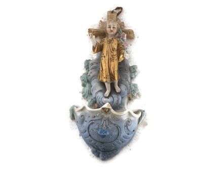 Holy Water Font Vessel porcelain  Bisque Infant Jesus lovely vintage 