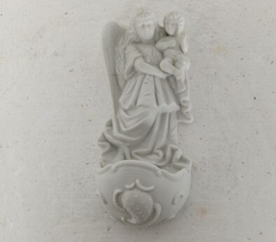 Beautiful bisque porcelain antique Holy water font vessel white angel with Infant 