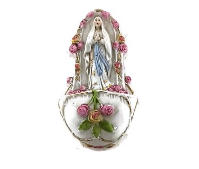 Beautiful bisque porcelain antique Holy water font vessel Madonna pink flowers Germany