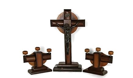 3 piece Ornate Altar Set Art Deco Wood Spelter  Crucifix Candelabras antique 