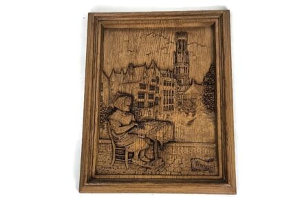 vintage wall plaque wood resin souvenir Bruges lace worker Bobbin lace signed