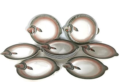 set of 10 dinner plates French Antique  Sarreguemines Digoin Fish Design  Seafood  art nouveau pottery