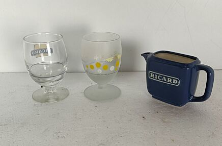 2 French Ricard Glasses  plus blue jar Pastis Apero France Collector HTF